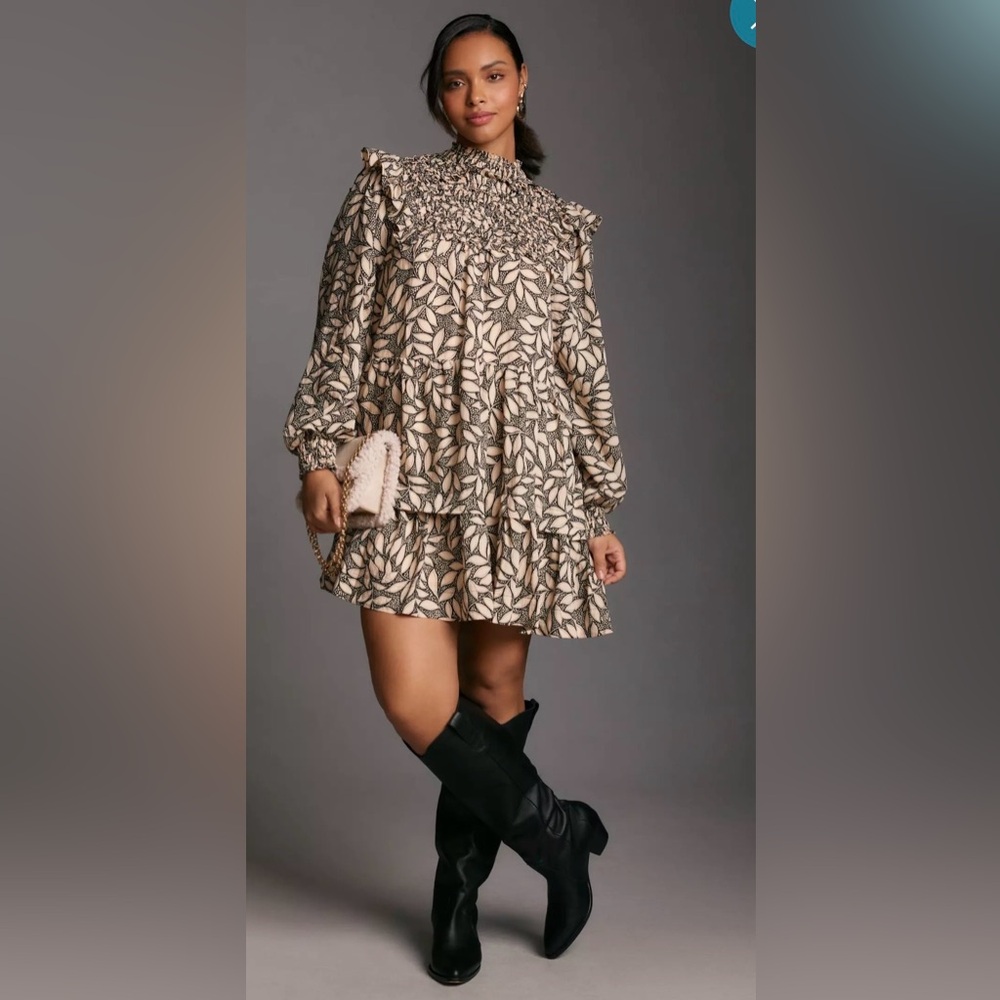 By Anthropologie Long Sleeve Printed Smocked Mini Dress Black Tan Leaf Ruffle 3X